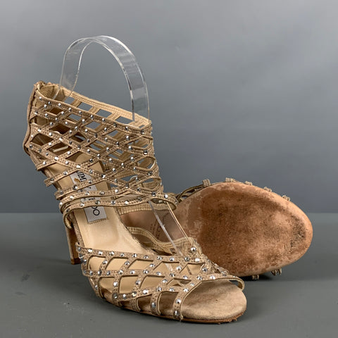 JIMMY CHOO Talla 10 Sandalias tobilleras con pedrería de ante dorado beige