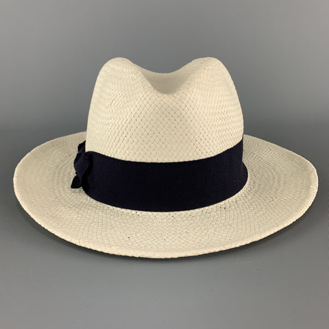 SAKS FIFTH AVENUE Cream Woven Straw Navy Stripe Fedora