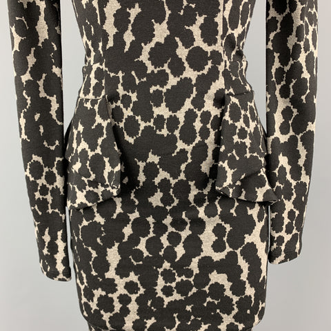 ISABEL DE PEDRO Size 4 Black & Grey Viscose Blend Spotted Peplum Long Sleeves  Dress