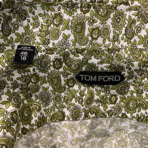 TOM FORD Size XL Green & White Paisley Cotton Button Down Long Sleeve Shirt