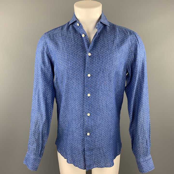 FOURSPORT Size S Blue Print Linen Button Up Long Sleeve Shirt