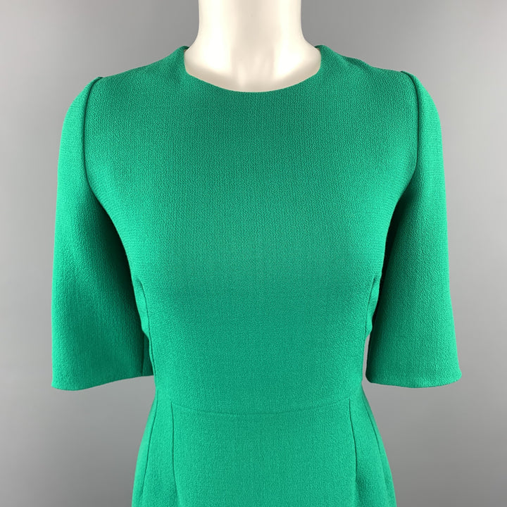 DOLCE & GABBANA Size 10 Green Wool Crepe Three Quarter Sleeve Shift Dress