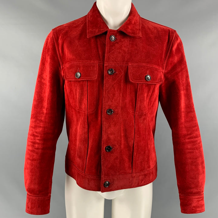 GUCCI Size 42 Red Suede Trucker Jacket