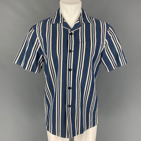 MR P. Size M Blue White Stripe Cotton Blend Short Sleeve Shirt
