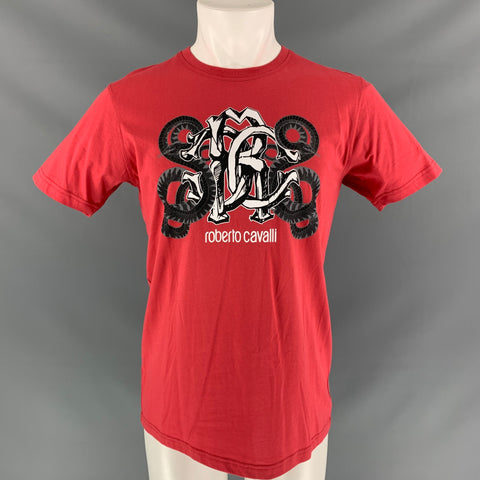 ROBERTO CAVALLI Size M Red, Black & white Graphic Cotton Short Sleeve Shirt
