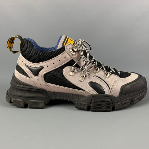GUCCI Size 11 Black Grey Mixed Materials Lace Up Flashtrek Sneakers