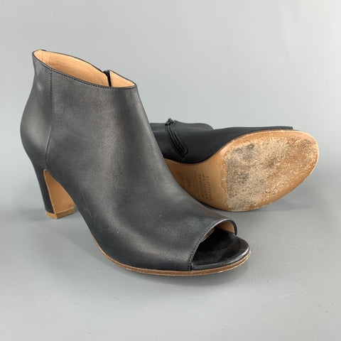 MAISON MARTIN MARGIELA Size 7.5 Navy Leather Peep Toe Ankle Boots