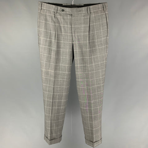 HOLLAND & SHERRY Size 36 Grey White Window Pane Pleated Dress Pants