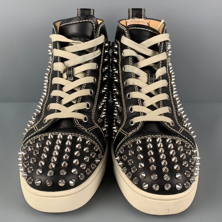 CHRISTIAN LOUBOUTIN Size 10 Black White Leather Louis All Over Spikes High Top Sneakers