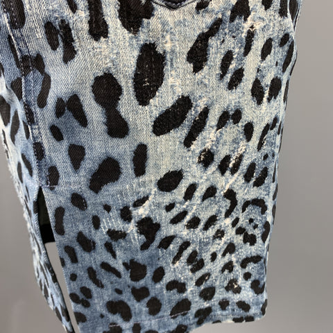 DOLCE & GABBANA Size 6 Blue Lepard Print Distressed Denim Pencil Skirt