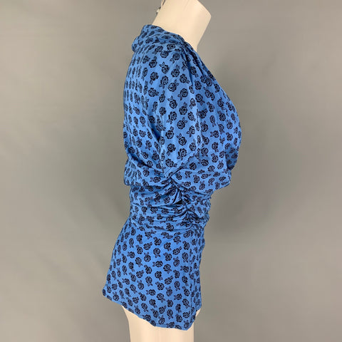 GIANNI VERSACE Size 4 Blue Black Silk Floral Ruched Casual Top