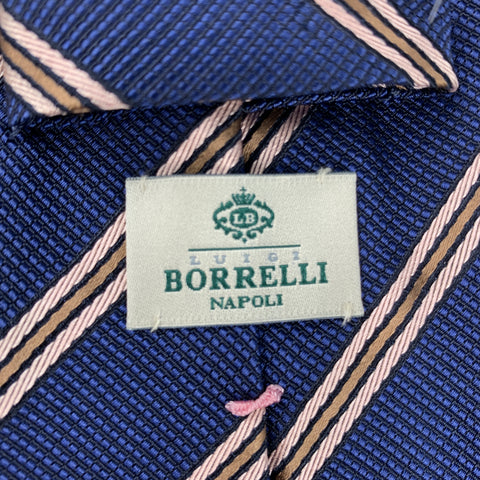 LUIGI BORRELLI Cravate en soie rayée bleu marine et beige
