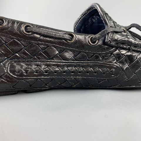 TRASK Size 9 Navy Woven Leather Bow Drivers Loafers