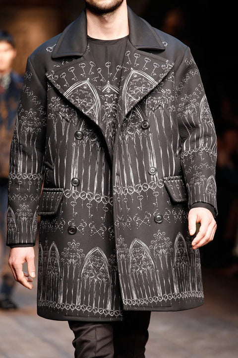 DOLCE & GABBANA Fall 2014 Norman Kings Size 38 Black Wool Silk Catheral Print Parka Heavy Coat