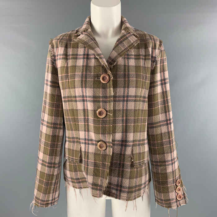 MOSCHINO Size 12 Pink Olive Wool Plaid Raw edge Jacket
