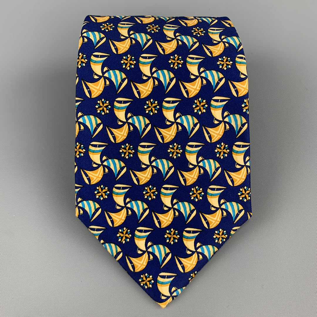 SALVATORE FERRAGAMO Navy & Gold Silk Print Tie