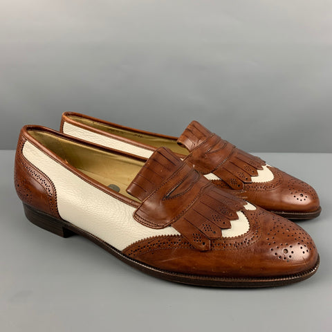COLE HAAN Size 9.5 Brown Cream Perforated Leather Penny Loafers