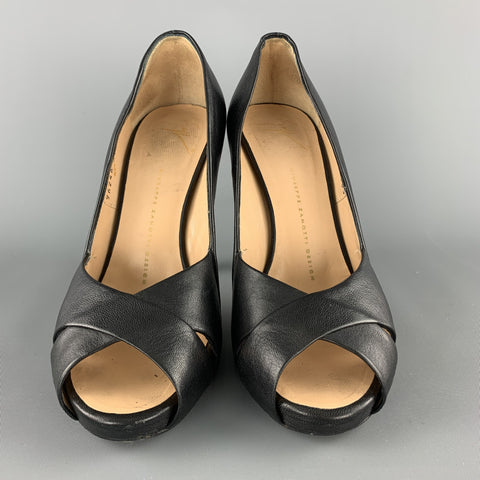 GIUSEPPE ZANOTTI Size 7.5 Black Leather Peep Toe Cutout Pumps