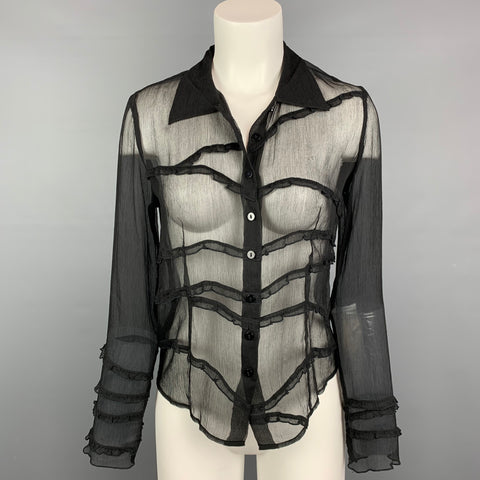 BEBE Taille S Blouse boutonnée en soie à volants en mousseline noire