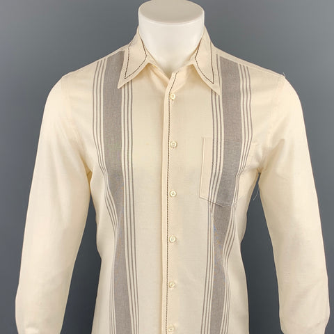 PRADA Camisa de manga larga con bolsillo de parche de algodón a rayas crema talla S