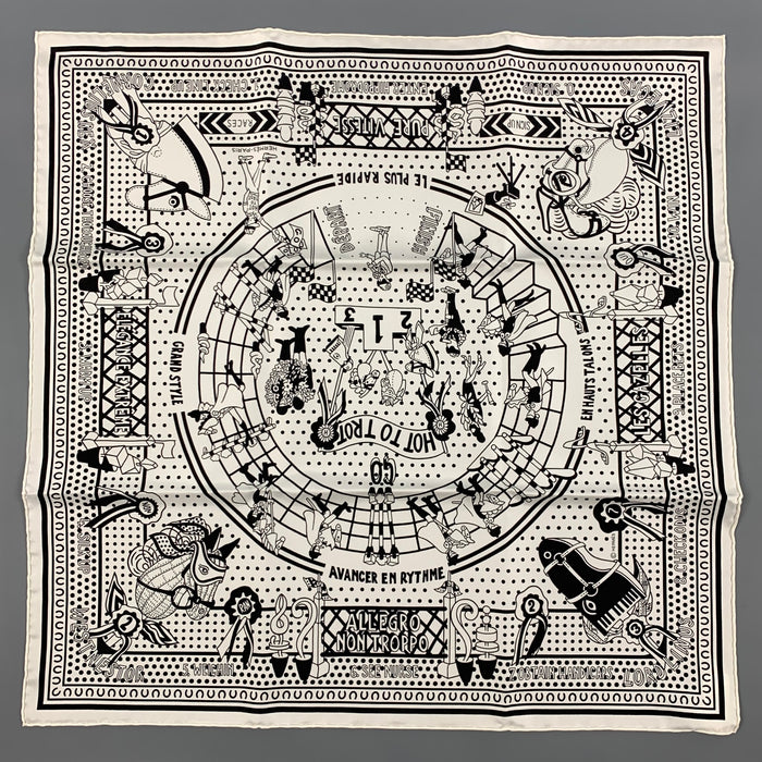 HERMES Hot to Trot Black White Silk Twill Bandana Scarf