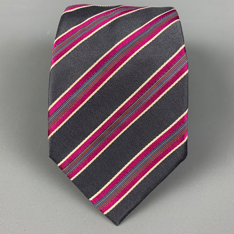PAUL SMITH Grey & Magenta Diagonal Stripe Silk Tie
