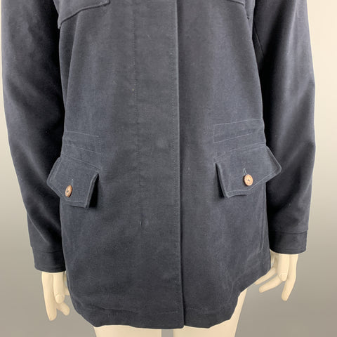 LORO PIANA Size 10 Navy Cotton High Collar Zip Hood Jacket