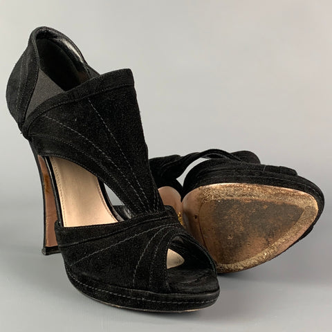 PRADA Talla 10.5 Botas peep toe de ante negro
