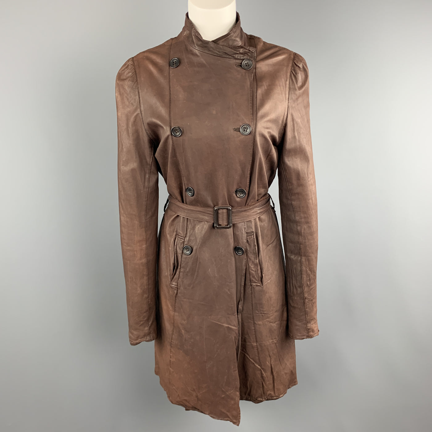 SISII Size M Brown Distressed LeatherDouble Breasted Puff Sleeve Coat