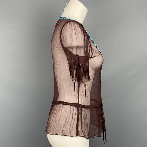 ZOE Taille S Blouse en viscose en mousseline de soie turquoise perlée marron