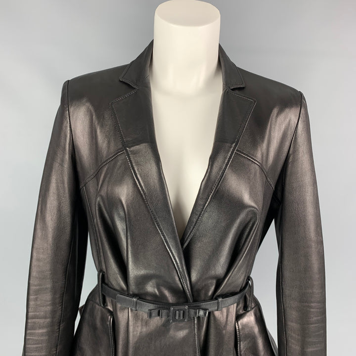 CHRISTIAN DIOR Size 6 Black Leather Belted Flare Jacket