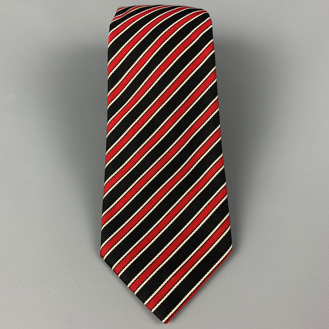 Corbata de sarga de seda con rayas diagonales en negro, rojo y blanco de HARVIE &amp; HUDSON