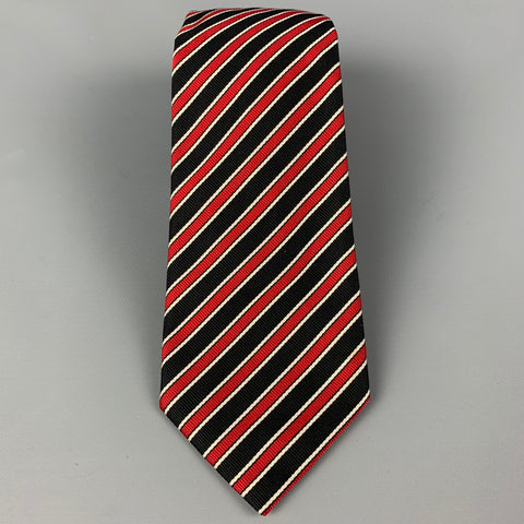 HARVIE & HUDSON Black Red White Diagonal Stripe Silk Twill Tie