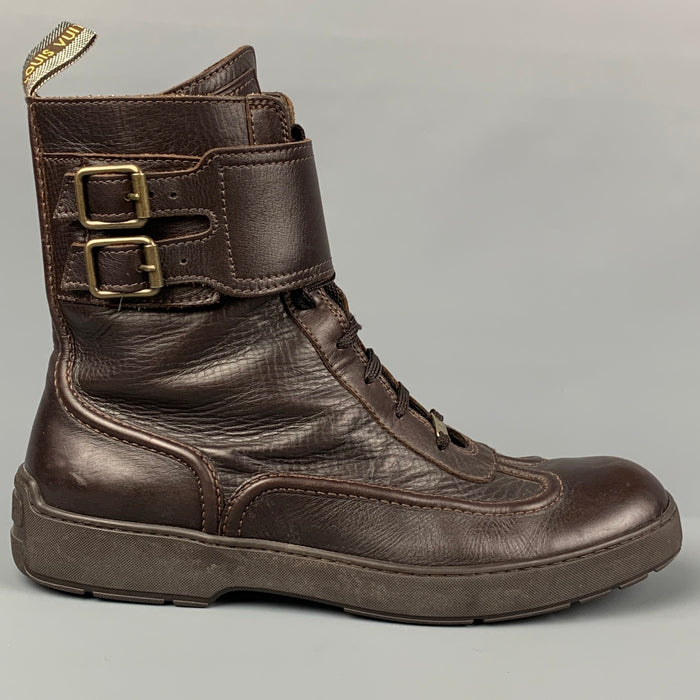 LOUIS VUITTON Size 11 Brown Leather Lace Up & Belt Boots
