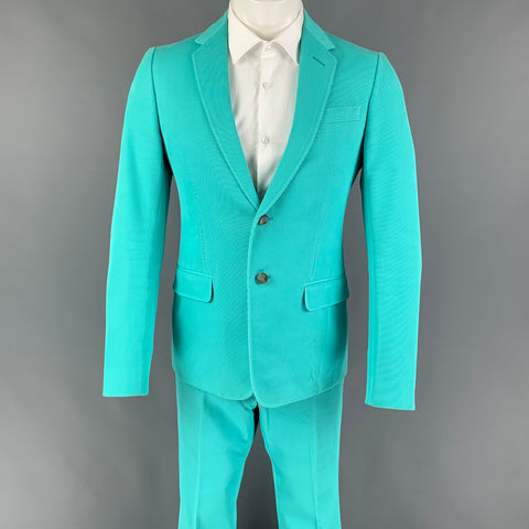 GUCCI Size 38 Teal Textured Cotton Notch Lapel Suit