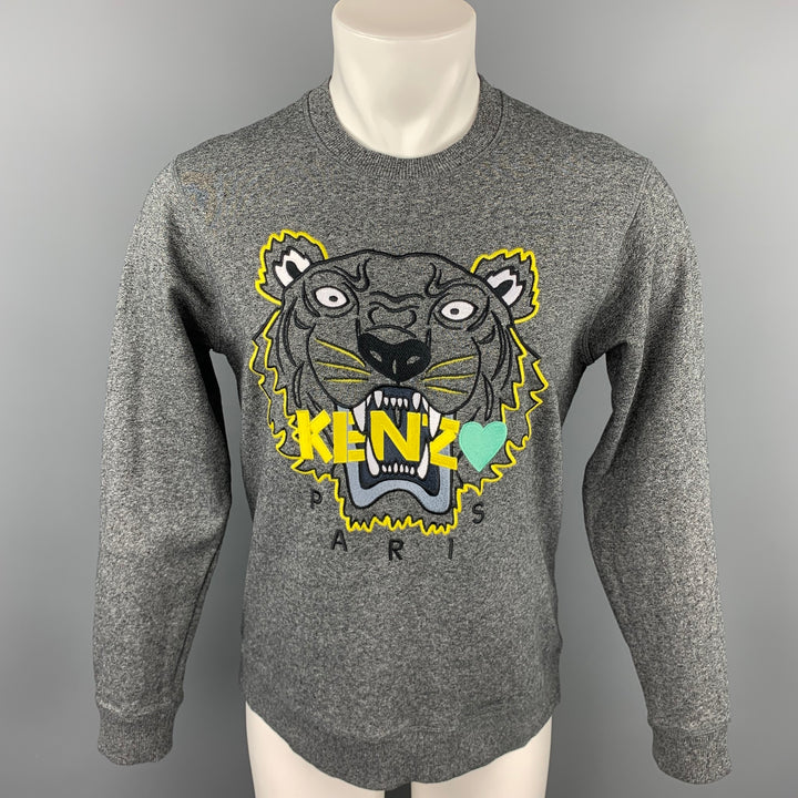 KENZO Size M Gray & Yellow Tiger Embroidered Cotton Crew-Neck Pullover