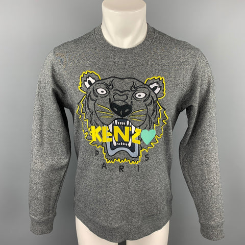 KENZO Size M Gray & Yellow Tiger Embroidered Cotton Crew-Neck Pullover