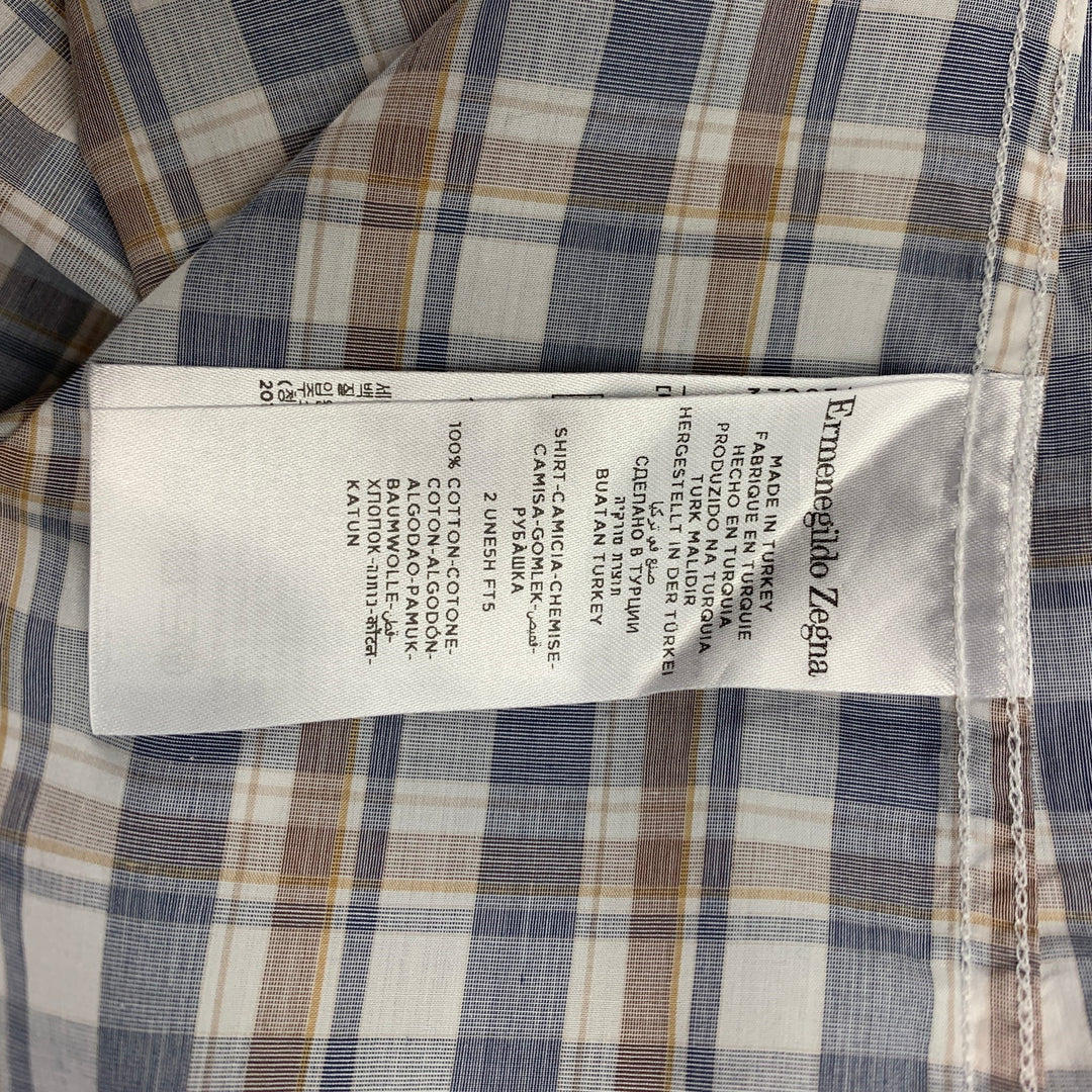 ERMENEGILDO ZEGNA Taille XL Chemise à manches longues en coton à carreaux bleu et blanc