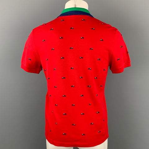 GUCCI Size M Red & Navy Embroidery Pique Buttoned Polo