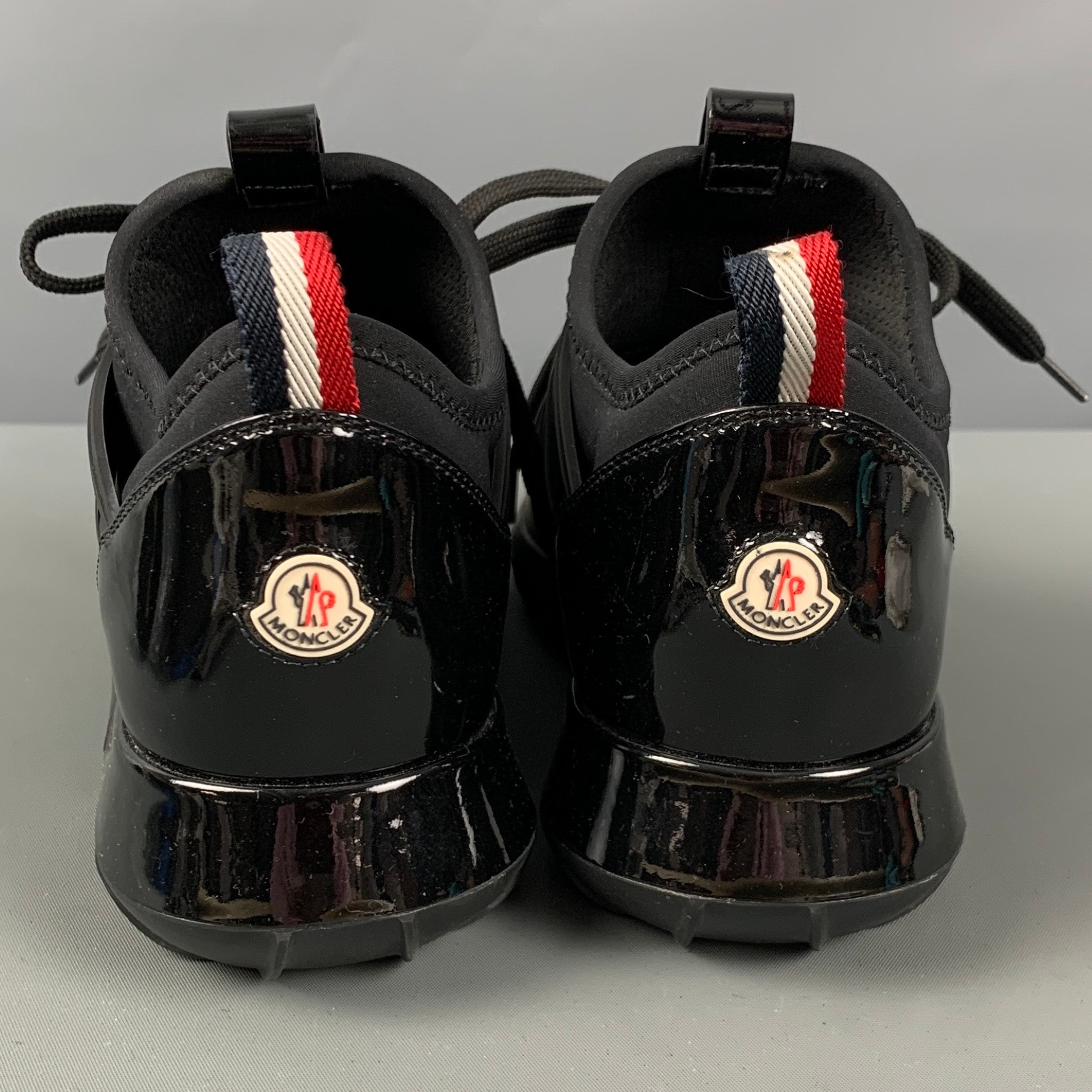 MONCLER Size 8 Black Nylon Mixed Materials Patent Leather Slip On