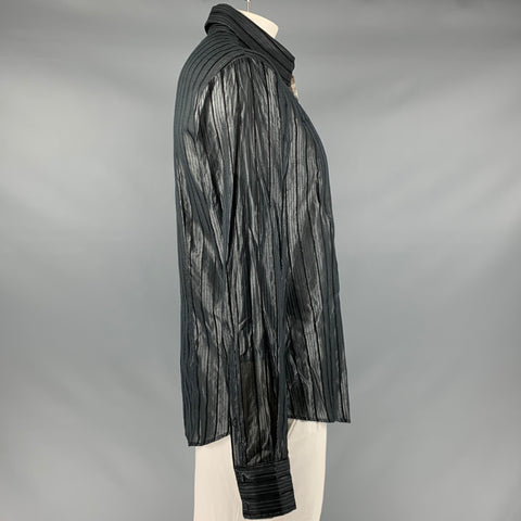 JUST CAVALLI Size L Black Stripe Viscose Blend Button Up Long Sleeve Shirt