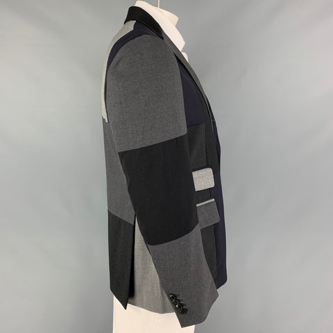WOOSTER + LARDINI Size 44 Navy Grey Patchwork Wool Notch Lapel Sport Coat