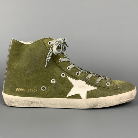 GOLDEN GOOSE Francy Size 10 Olive Distressed Suede High Top Sneakers