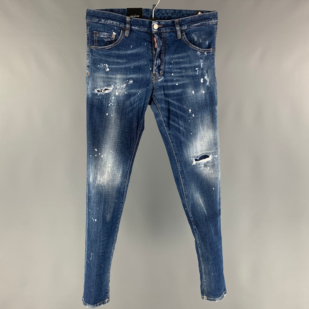 DSQUARED2 Size 32 Blue Distressed Cotton  Elastane Button Fly Jeans