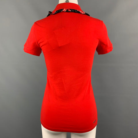 LOVE MOSCHINO Size 4 Red Black Cotton / Elastane Ruffled Pockets Buttoned Blouse