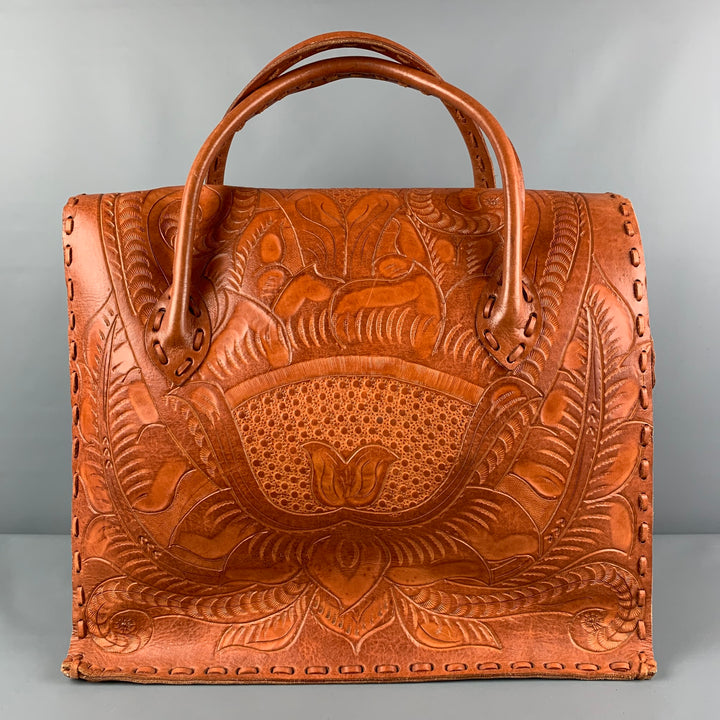 VINTAGE Tan Floral Antique Leather Carry-On Bag