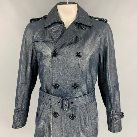 BURBERRY PRORSUM Size 42 Navy Blue Leather Belted Trenchcoat