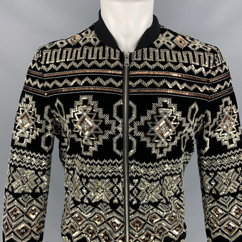VINTAGE Size M Black & Silver Sequined Velvet Bomber Jacket