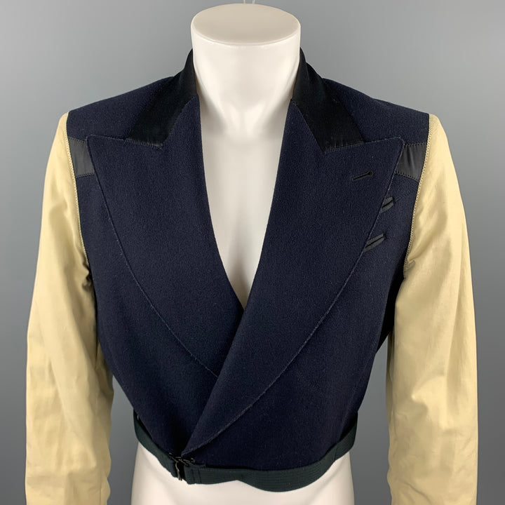 Vintage JEAN PAUL GAULTIER Talla 36 Chaqueta recortada de lana de tejidos mixtos azul marino y beige