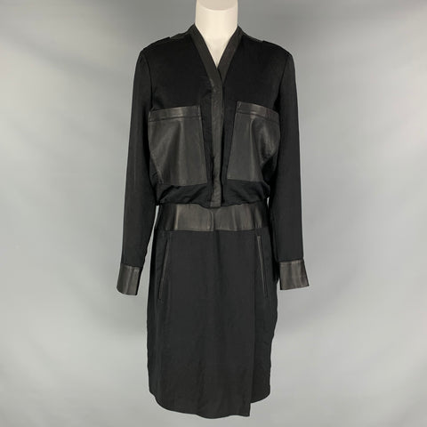 HELMUT LANG Size 6 Black Polyester Lamb Skin Long Sleeve Dress